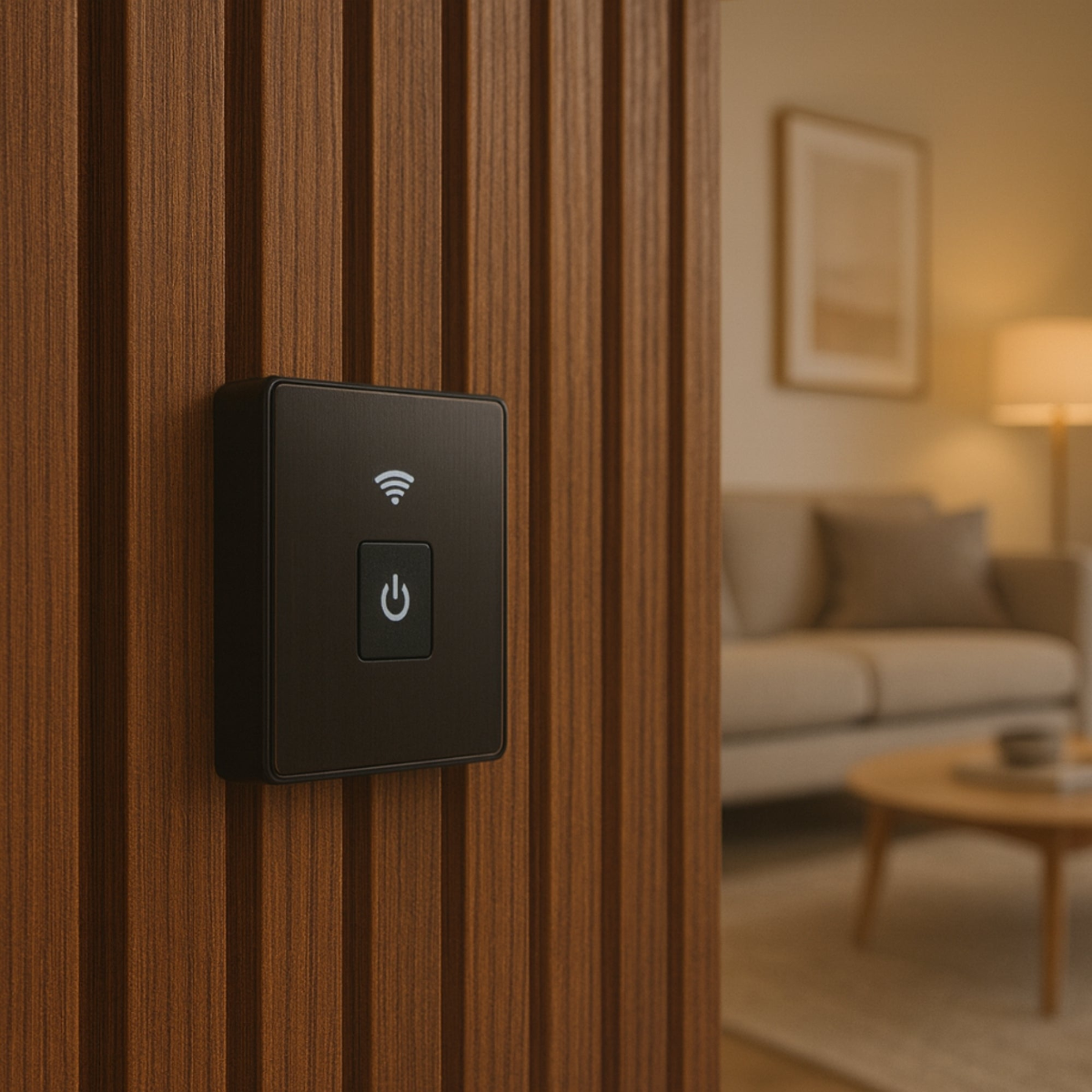 Smart home control panel on a wooden wall with a blurred living room in the background