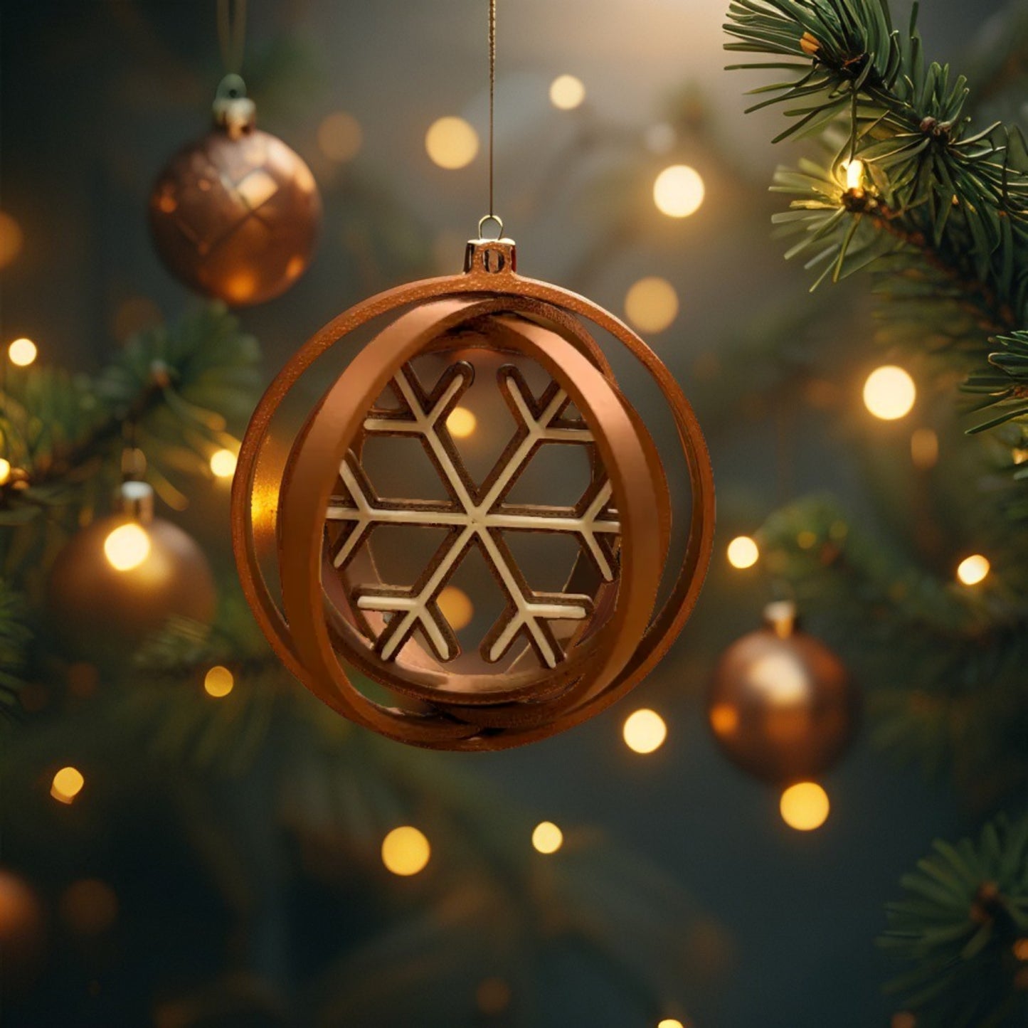 Rotating Snowflake Bauble - Modern Christmas Tree Ornament (Bronze, Copper, Gold, Silver)