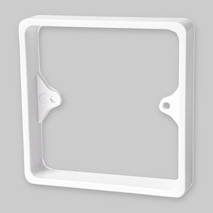 Alchemy Collectives 15mm white single socket spacer (1 gang back box extender), front view